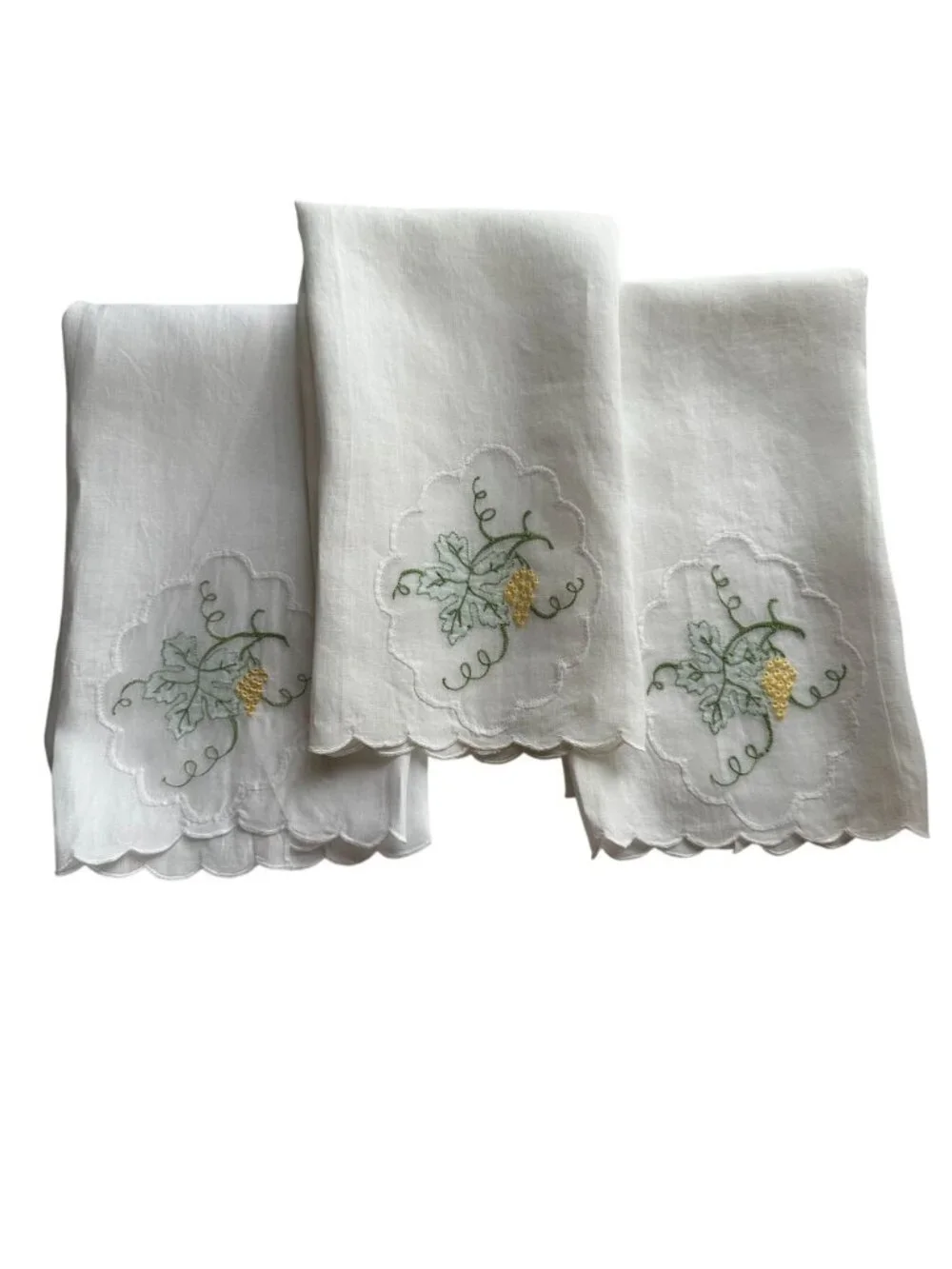 VTG Madeira Linen Guest Towels Sheer Panel Grape Embroidery Scalloped Handmade